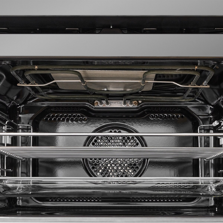 Forno Midea preto com 3 níveis de grelha e resistência no fundo.
