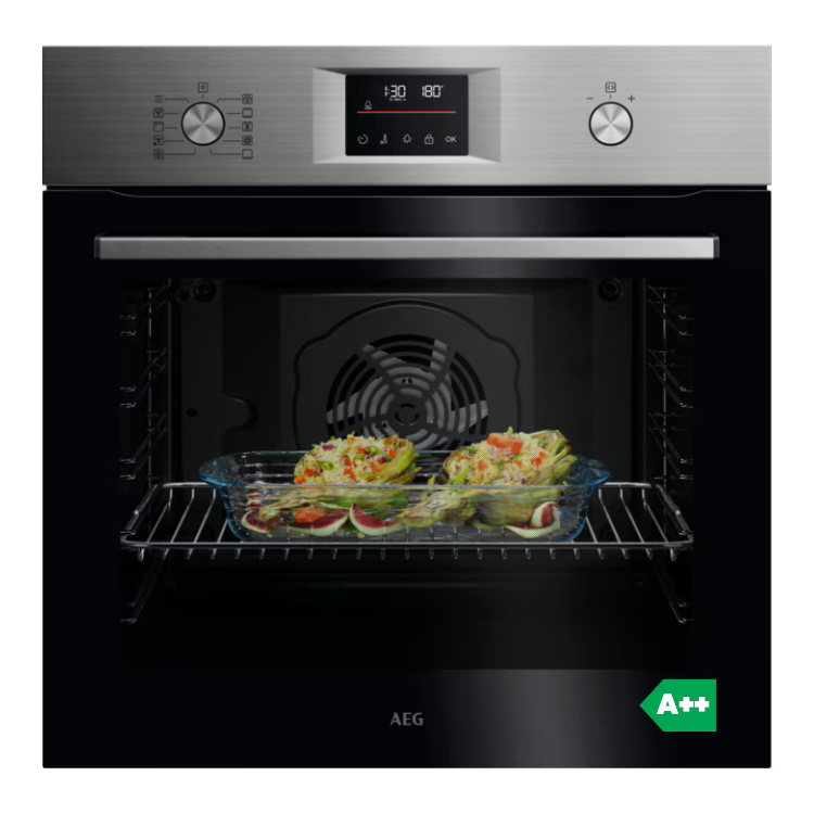 Forno AEG inox com 2 formas de legumes no interior e painel digital.