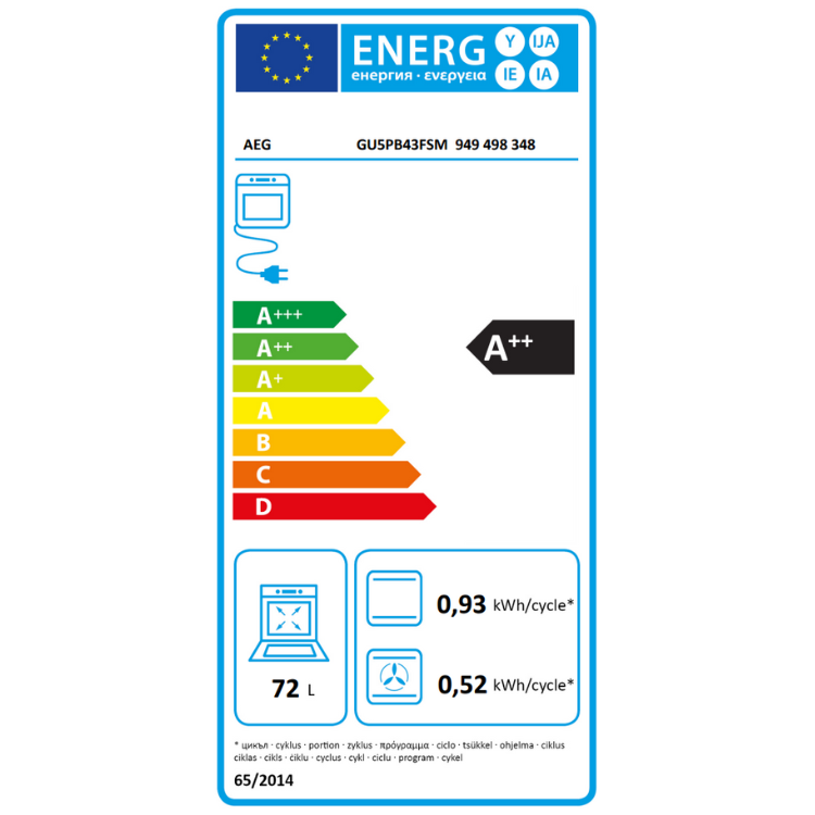 Etiqueta energética do forno AEG GU5PB43FSM, eficiência A++, 72L, consumo 0,93 e 0,52 kWh/ciclo.