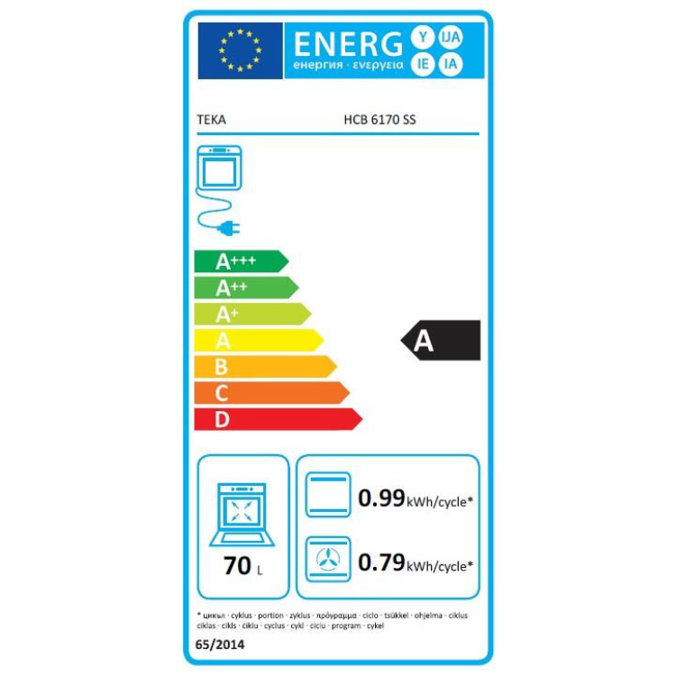 Etiqueta energética do forno Teka HCB 6170 SS, classe A, 70L.