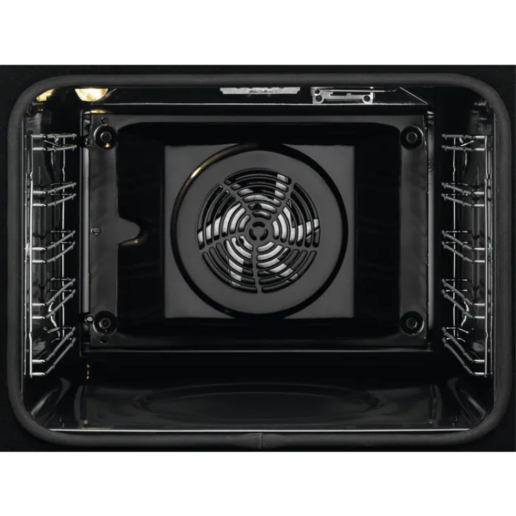 Forno AEG BSS578271M, interior com ventilador central e grelhas laterais, preto brilhante.