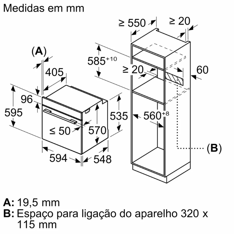 Diagrama técnico do forno pirolítico de encastre Bosch, medidas em milímetros.