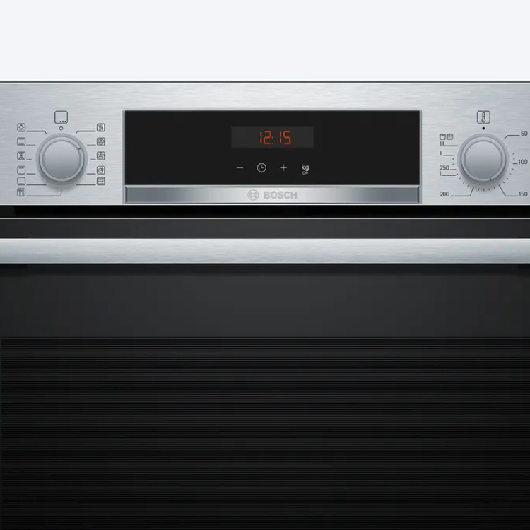 Forno pirolítico de encastre Bosch, preto, com painel de controlo digital e mostrador.