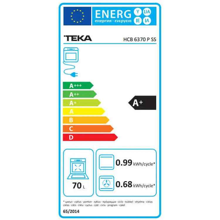 Etiqueta energética do forno Teka HCB 6370 P SS, classe A+, 70L.