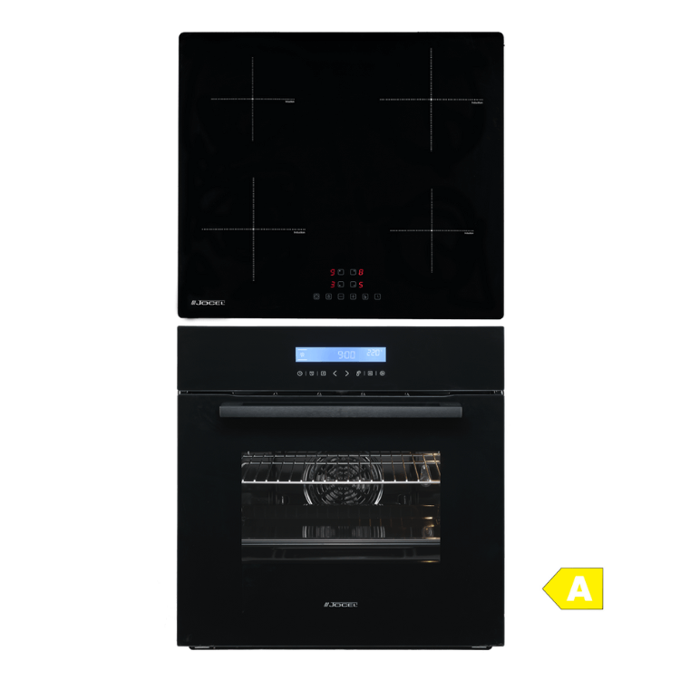 Placa de indução e forno elétrico preto da Jocel, 4 zonas, 70L, encastre.