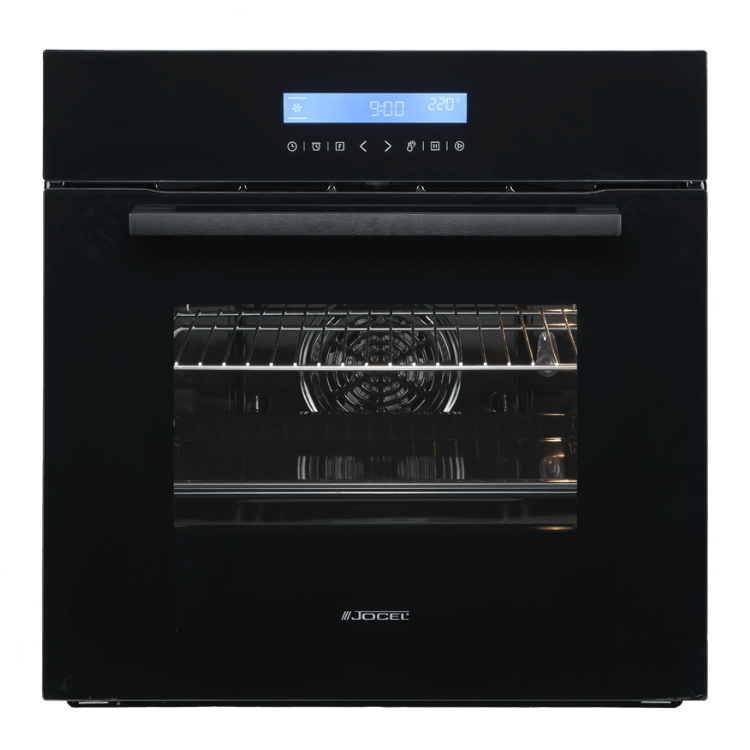 Forno elétrico Jocel preto 70L encastrável com painel digital e visor.