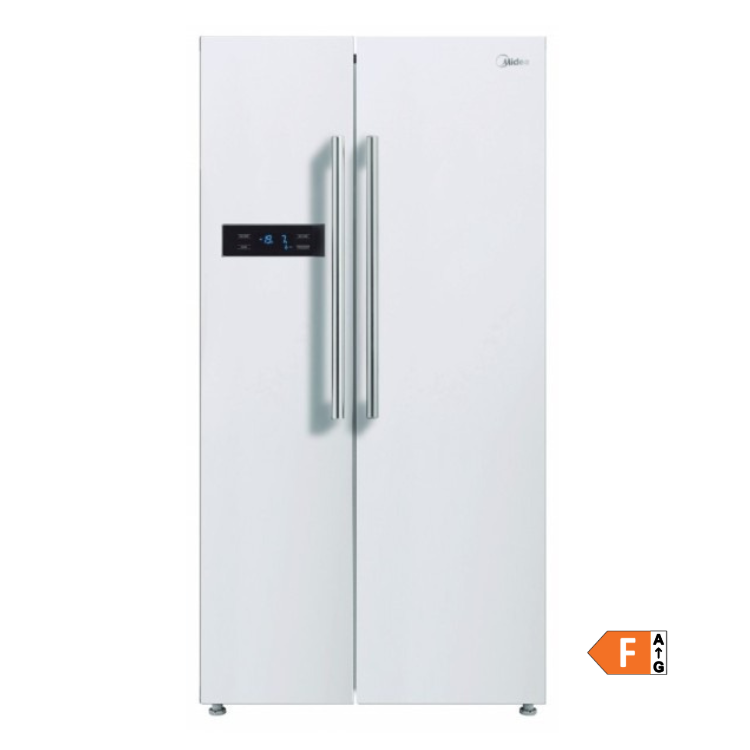 Frigorífico americano Midea 532L branco com portas duplas e painel digital.