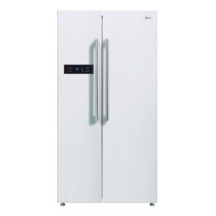 Frigorífico americano Midea 532L branco com portas duplas e painel digital.
