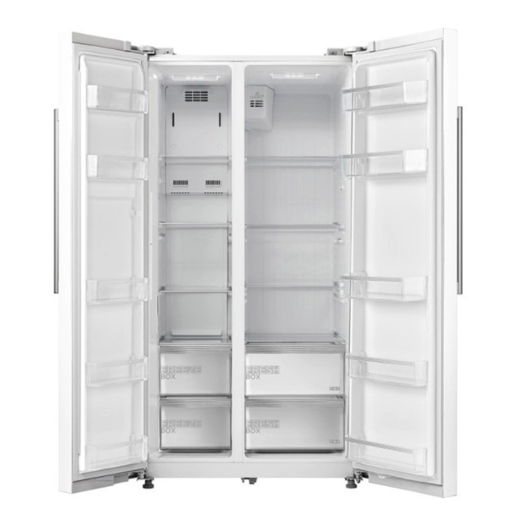 Frigorífico americano Midea 532L branco, portas abertas mostrando interior vazio com prateleiras e gavetas.