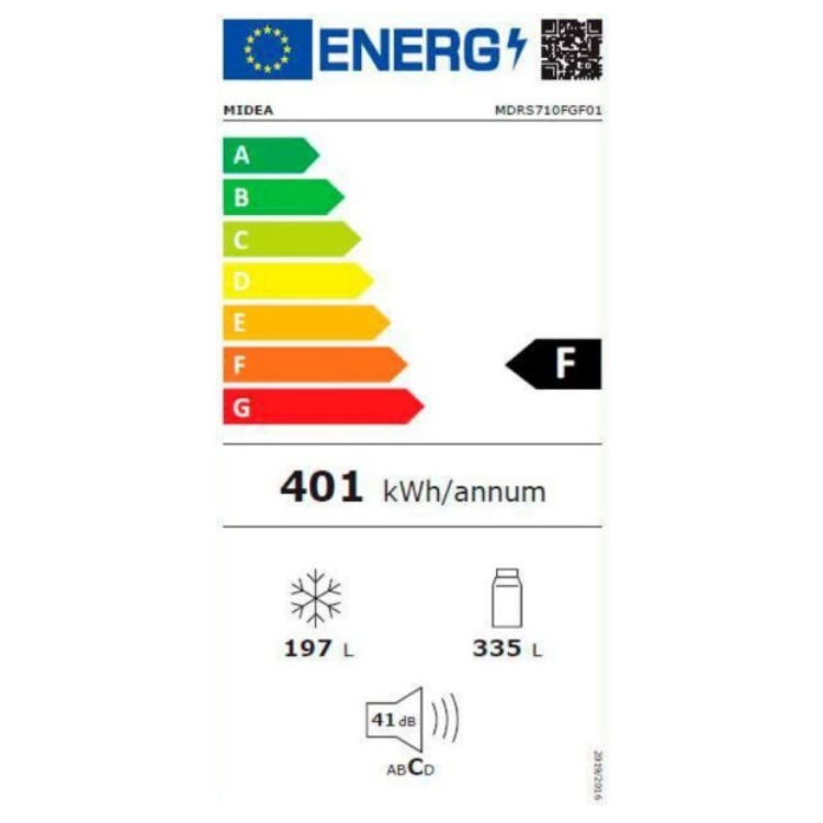 Etiqueta energética do frigorífico Midea MDRS710FGF01, eficiência F, 401 kWh/ano.