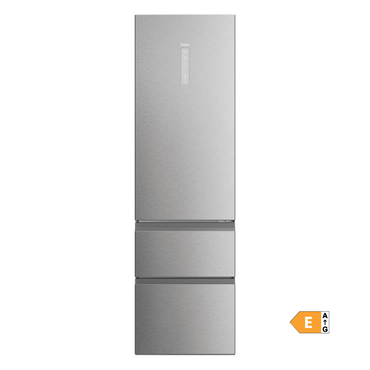 Haier silver 414L combined fridge, E class energy efficiency.