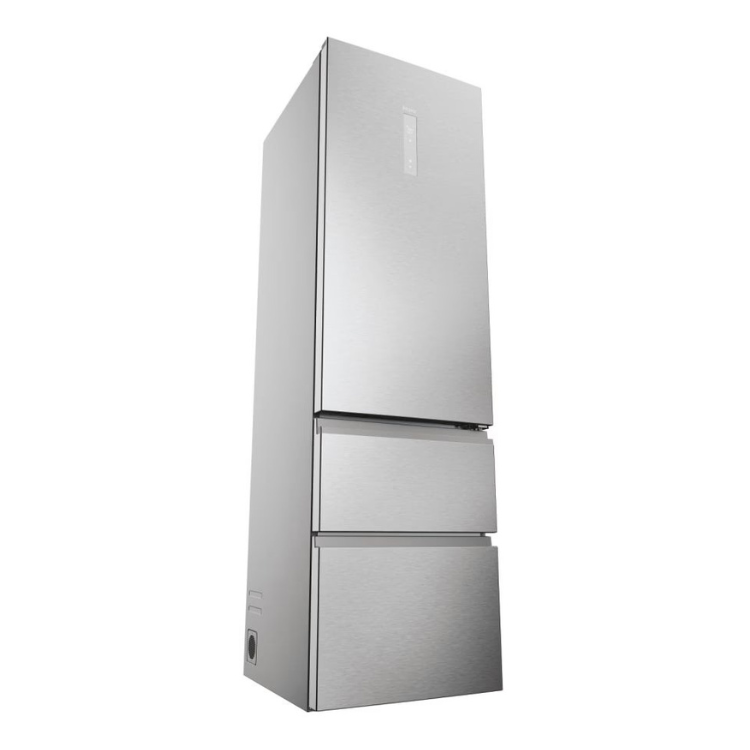 Haier silver French door refrigerator, 414L, Class E, modern design.