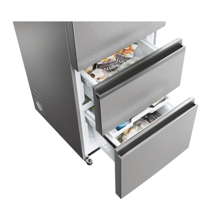 Haier HTW5620ENMG fridge freezer, grey, two bottom drawers open, showing frozen food contents.