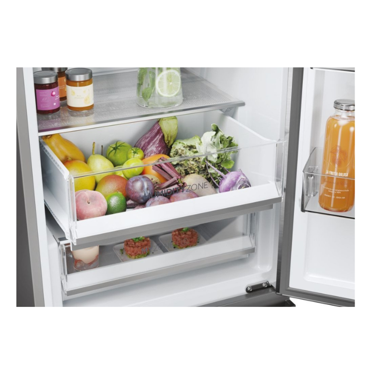 Haier fridge interior with fresh produce and drinks, 414L, E class.