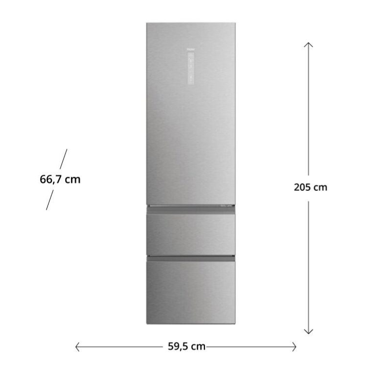 Haier silver combined fridge 414L, E class, 59.5x66.7x205 cm.