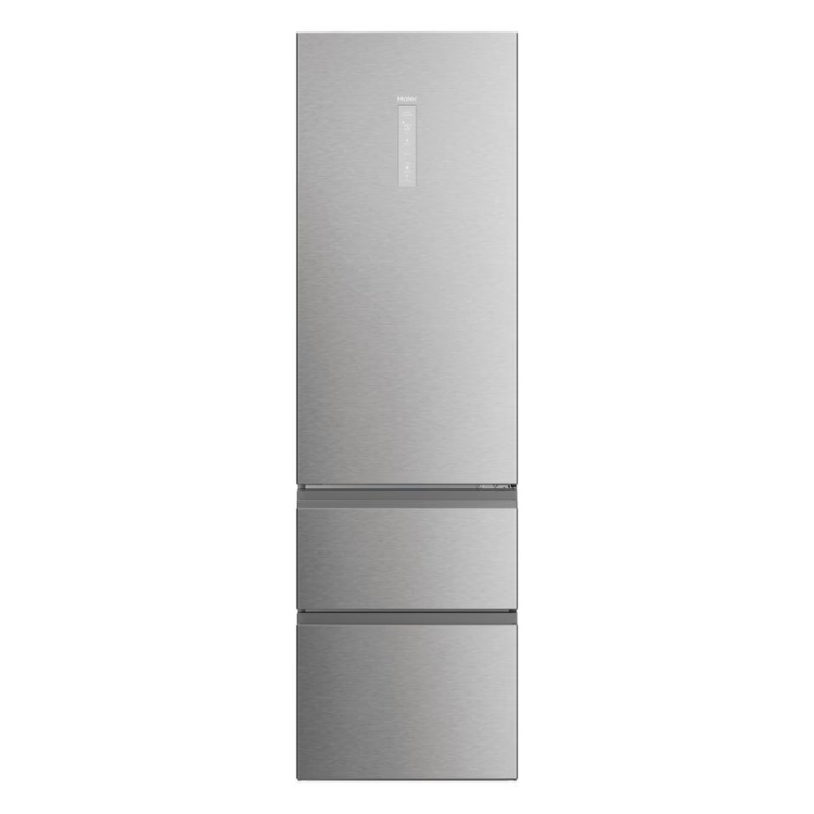 Haier silver 3-door fridge, 414L, Class E, modern design.