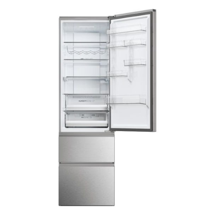 Haier silver French door fridge freezer, open doors, empty interior, 414L, Class E.