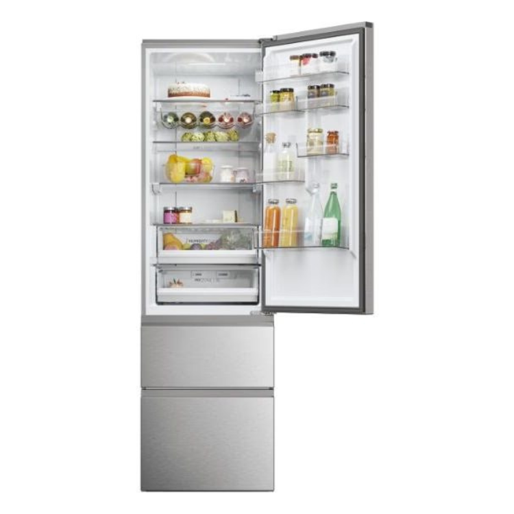 Haier 414L stainless steel french door fridge with food and drinks inside.