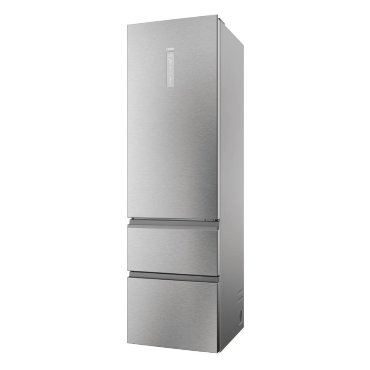 Haier silver 3-door fridge, 414L, E class, stainless steel finish.