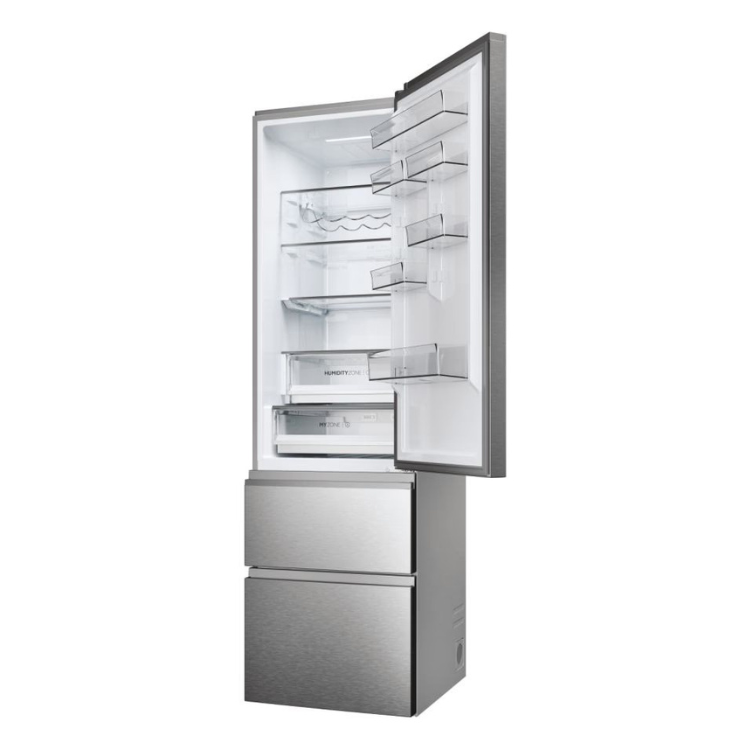 Haier silver French door fridge freezer, open door showing empty interior, 414L, Class E.