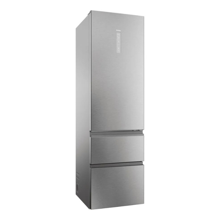 Haier silver 414L combined fridge, E class, stainless steel finish.