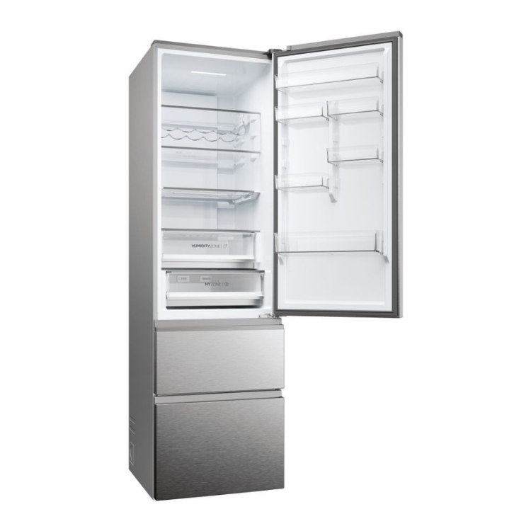 Haier silver French door fridge freezer, open, empty interior, 414L, Class E.