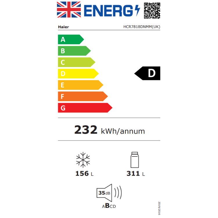 Haier fridge energy label, D rated, 232 kWh/annum consumption.
