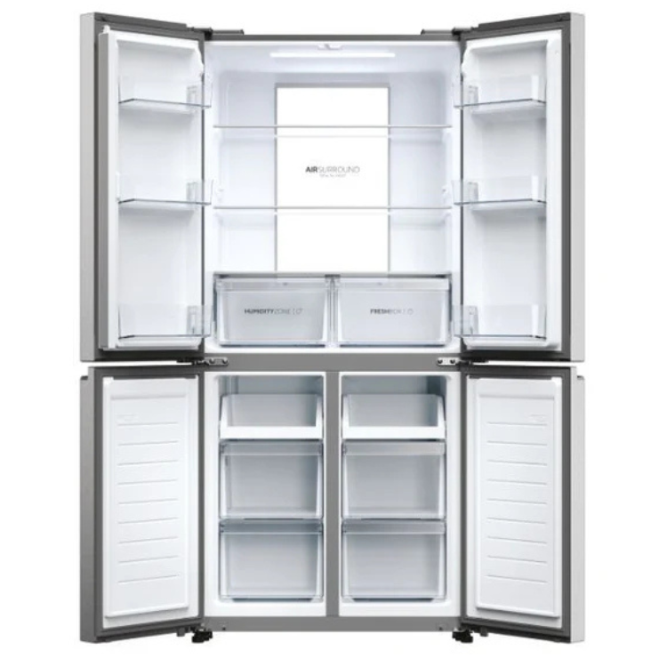Haier HCR7818DNMM American fridge, stainless steel, 467L, open doors showing empty interior.
