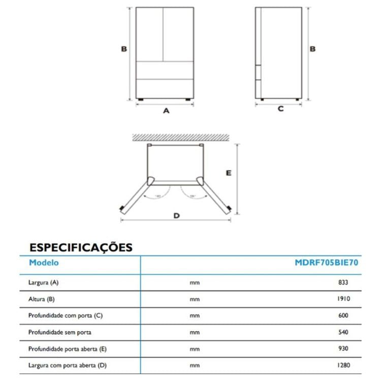 Frigorífico Americano Midea MDRF705BIE70 515L Classe E