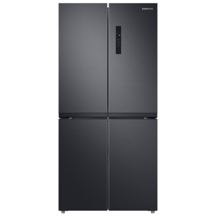 Samsung RF48A400EB4EB 488L American fridge, stainless steel finish, black doors, digital display.