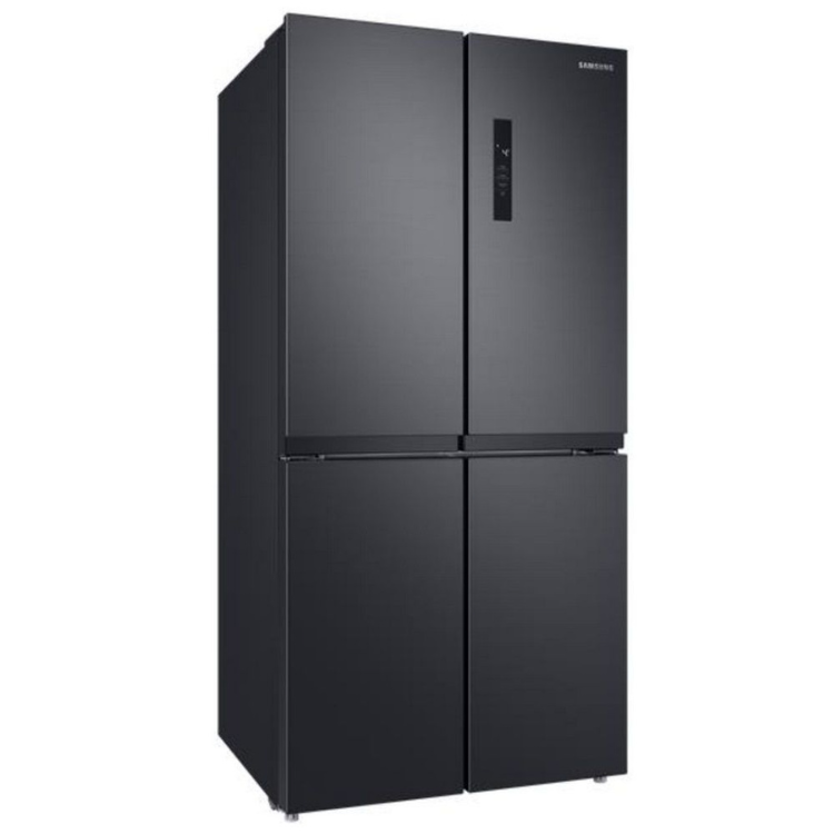 Samsung black American-style fridge-freezer, 4-door, stainless steel finish.