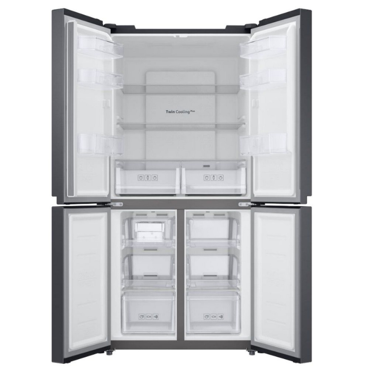 Samsung RF48A400EB4EB inox fridge, 488L, open doors, empty interior, Twin Cooling, gray finish.