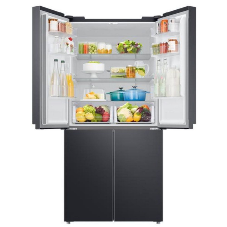 Samsung RF48A400EB4EB American fridge, 488L, stainless steel, open doors showing organized interior with food and drinks.