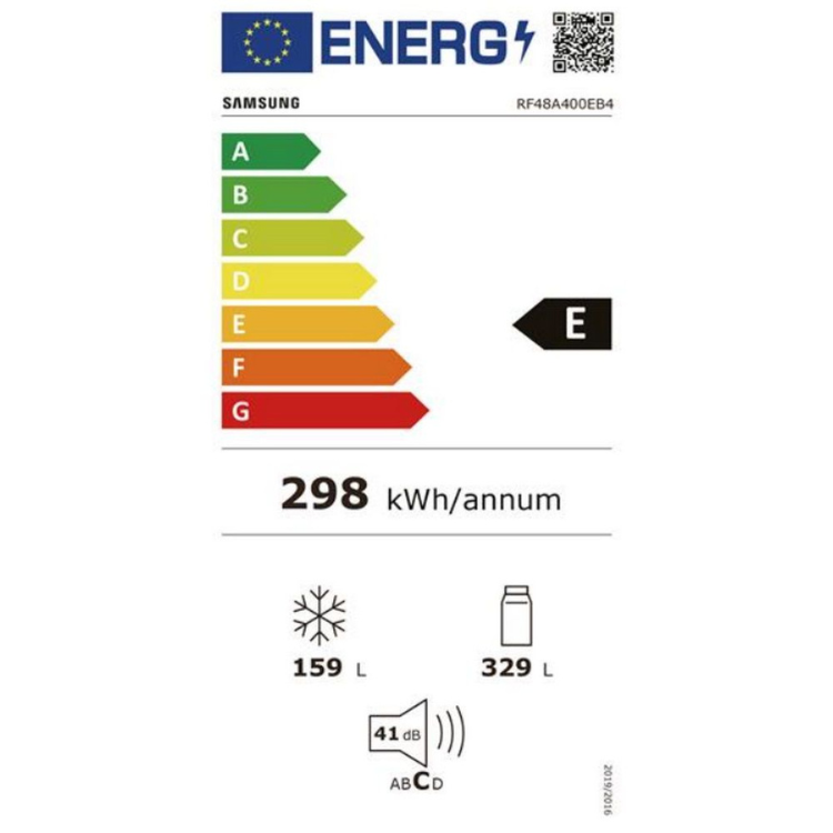 Samsung energy efficiency label, E rated, 298 kWh/annum, freezer 159L, fridge 329L, 41dB.