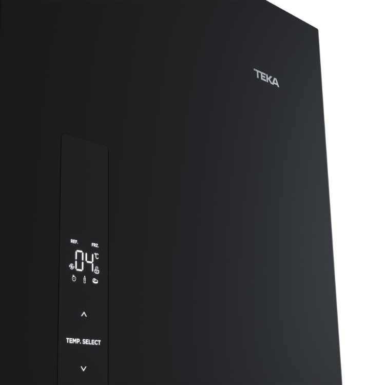 Black Teka fridge control panel with digital display showing 04°C, Temp. Select button.