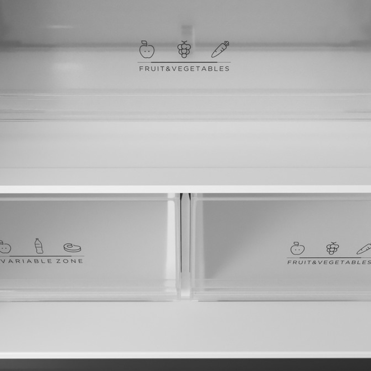 Teka RFD77825 black American fridge freezer drawers with fruit, vegetable and variable zone labels.