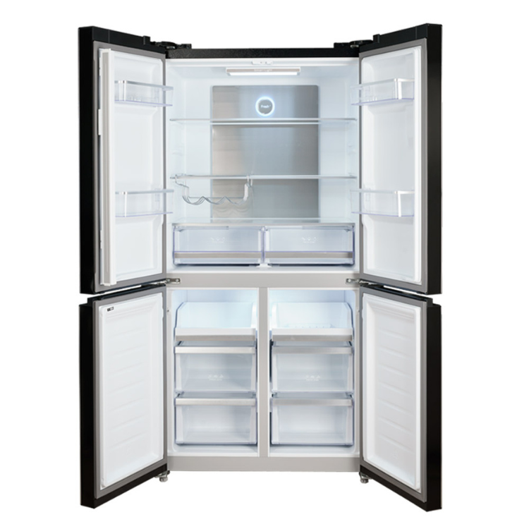 Frigorífico Americano Jocel preto 490L portas abertas mostrando interior.