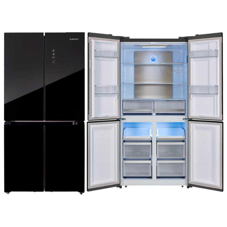 Frigorífico americano Jocel JSBS4P967169 preto 490L, portas abertas e fechadas.