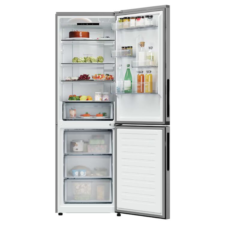 Frigorífico combinado Candy CNCQ2T618CX 355L, portas abertas, mostrando interior com alimentos, cor inox.
