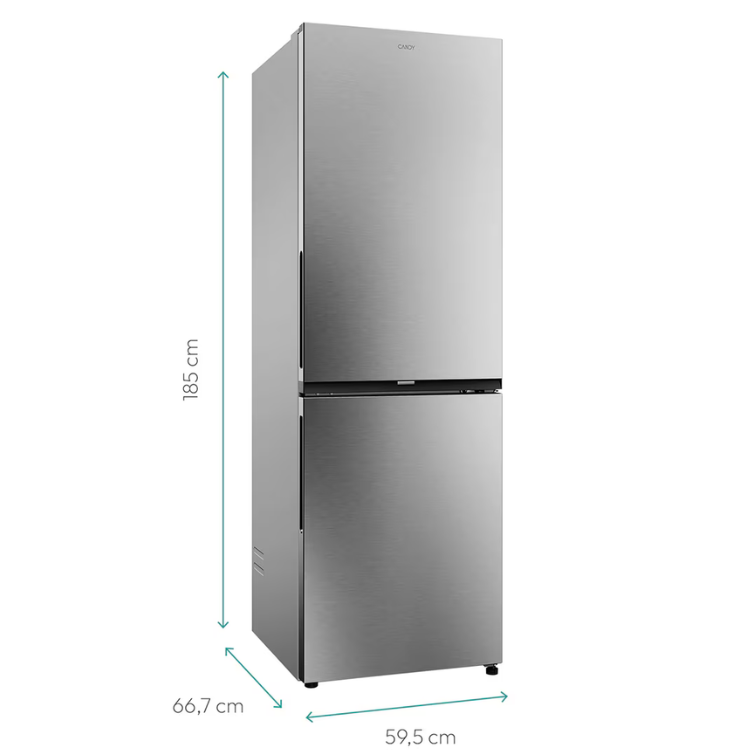 Frigorífico combinado Candy CNCQ2T618CX 355L, inox, 185cm de altura, 59,5cm de largura e 66,7cm de profundidade.
