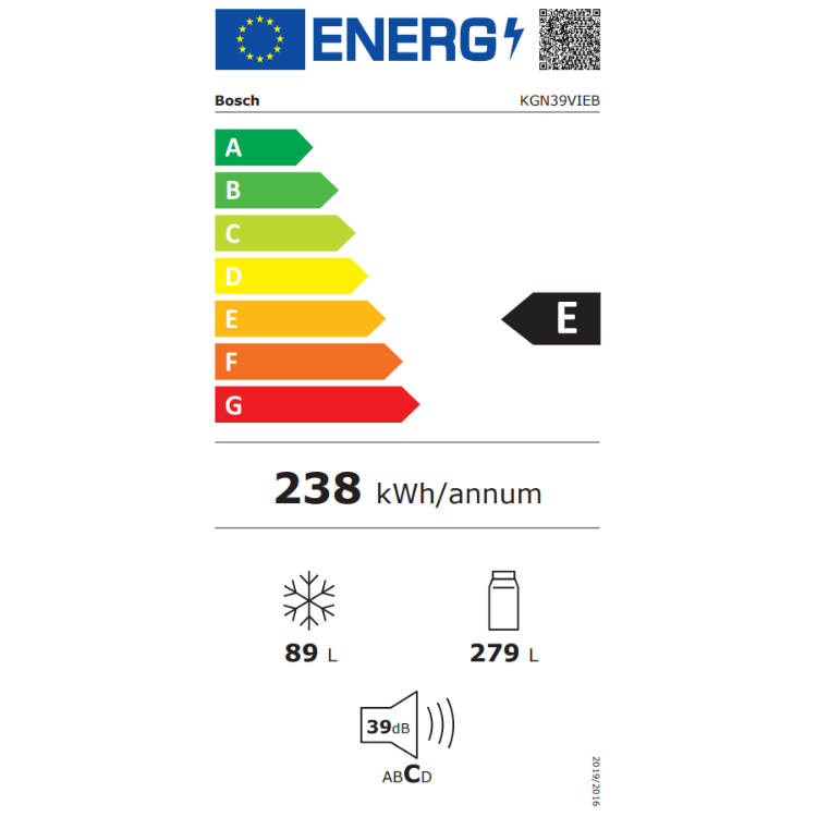 Bosch KGN39VIEB energy label, E rating, 238 kWh/annum consumption.