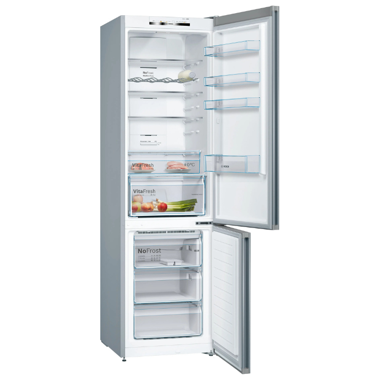 Bosch Serie 4 KGN39VIEB inox fridge-freezer, 368L, open doors showing interior.