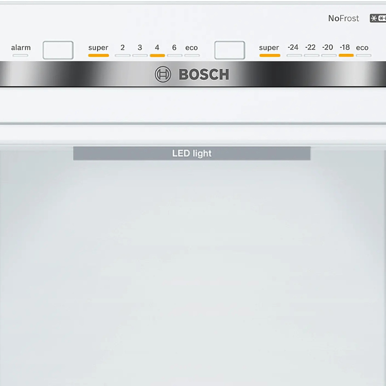 Bosch inox fridge control panel with LED light indicator.