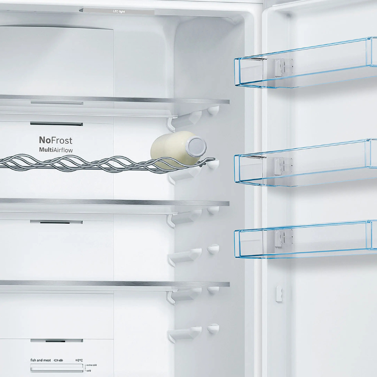 Bosch KGN39VIEB fridge interior, white, with glass shelves and NoFrost technology.