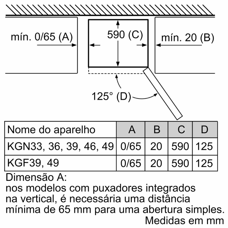 Bosch fridge dimensions diagram, 590mm wide, 125 degree door opening.