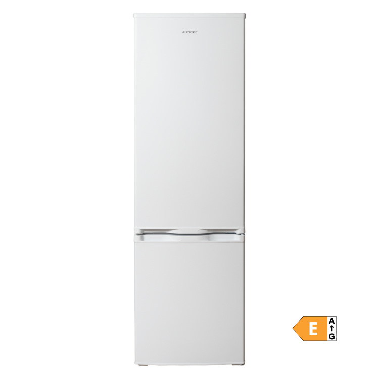 White Jocel 262L two-door fridge freezer, energy efficiency class E.
