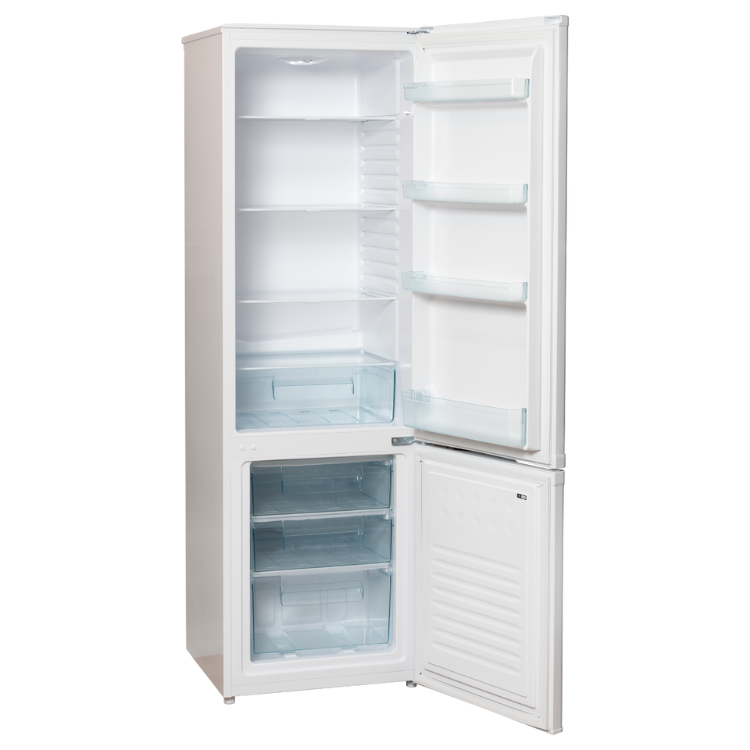 White double-door refrigerator, open, empty interior, Jocel brand.
