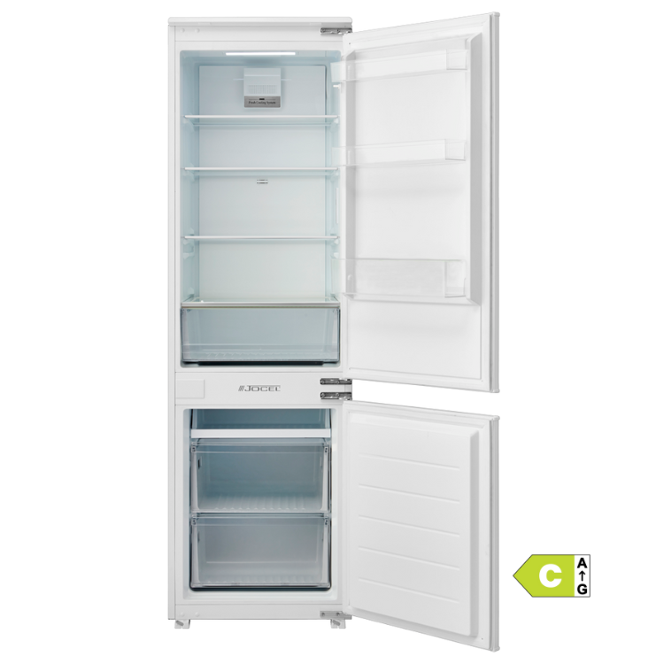 Jocel 248L inox built-in fridge freezer, open doors, empty interior.