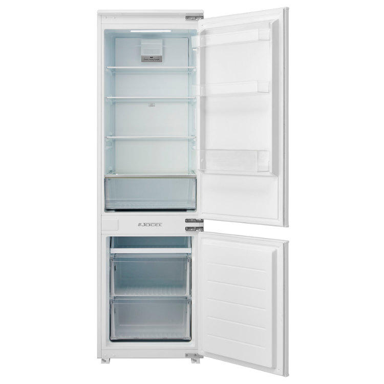 Jocel 248L built-in fridge freezer, white, doors open showing empty interior.