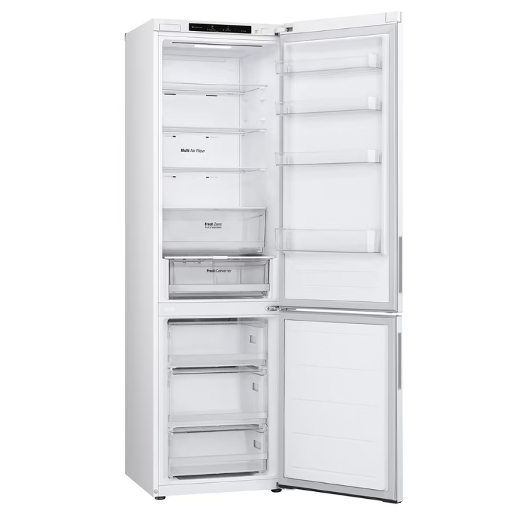 LG GBV21NCDSW white double-door fridge freezer, open, 344L, empty interior.